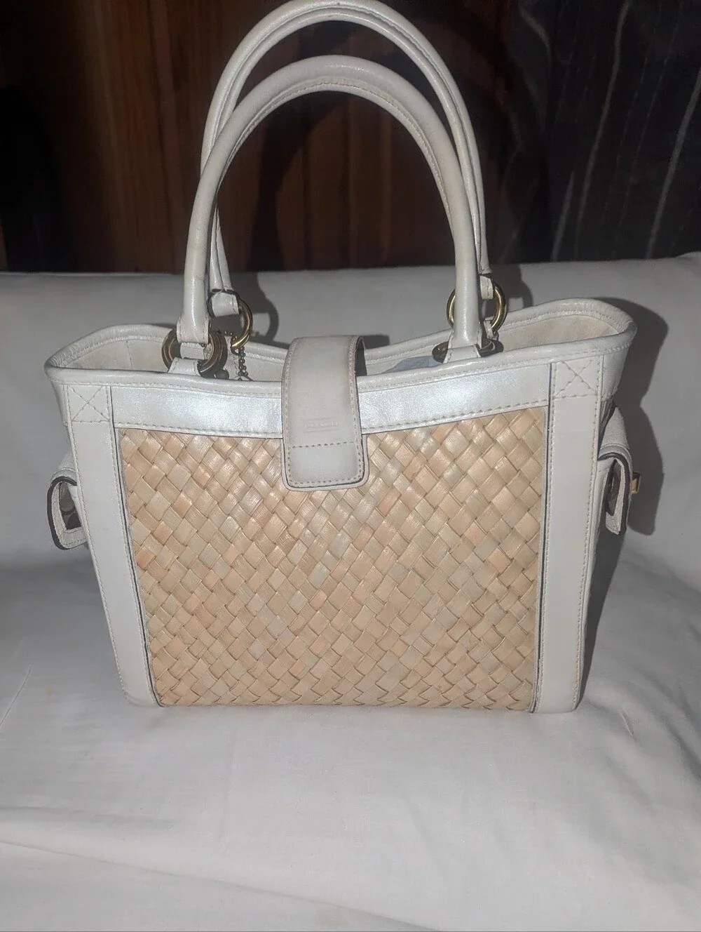 Vintage Coach Hamptons Y2K Woven Satchel in Natural and White Leather 4419